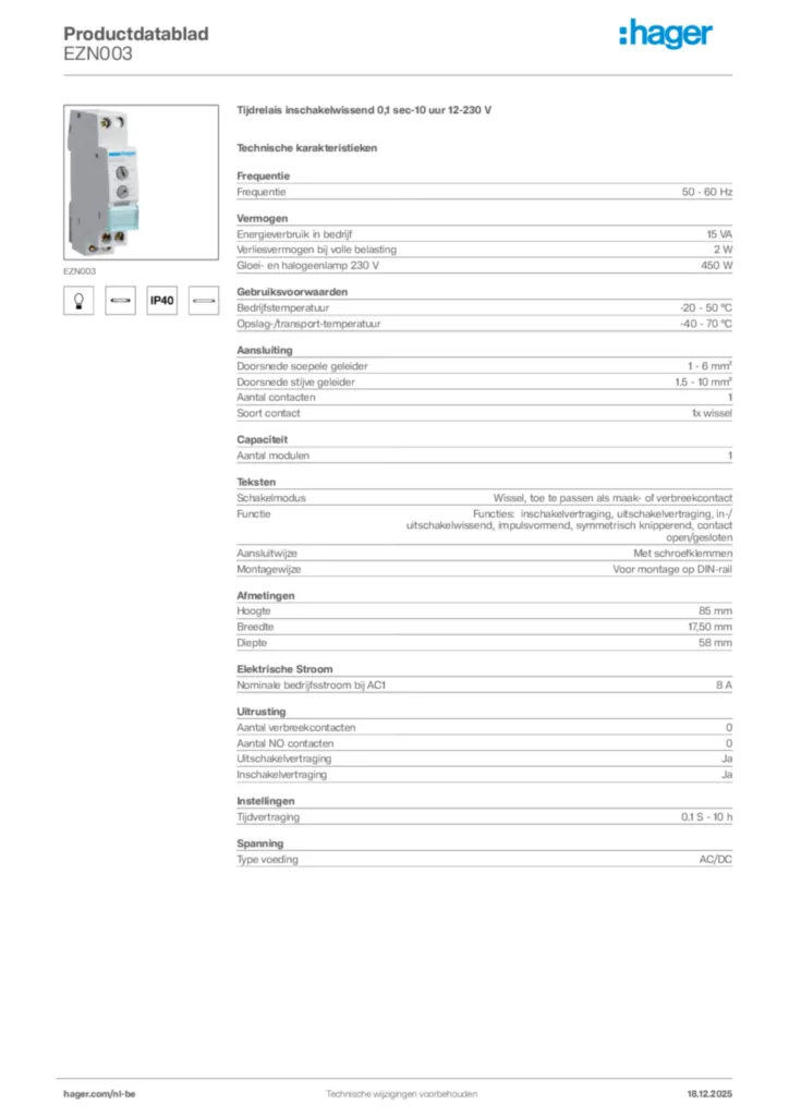 Afbeelding Hager Productdatablad EZN003 | Hager Belgium