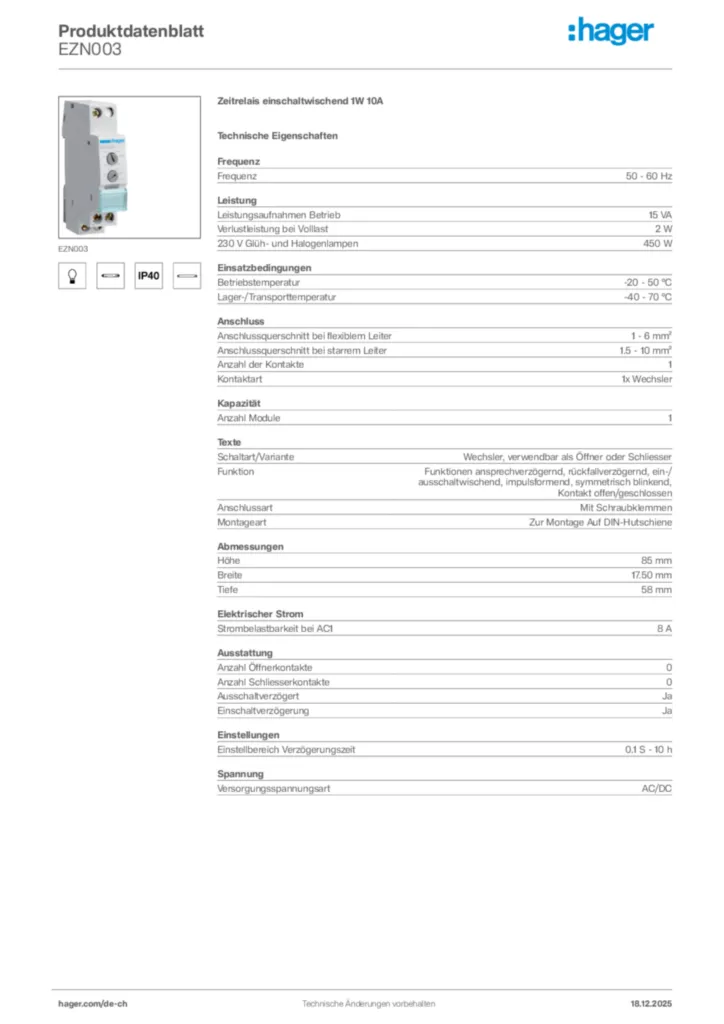 Bild Hager Produktdatenblatt EZN003 | Hager Schweiz