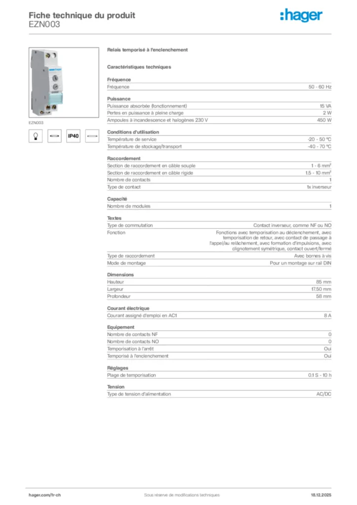 Image Hager Fiche technique du produit EZN003 | Hager Suisse