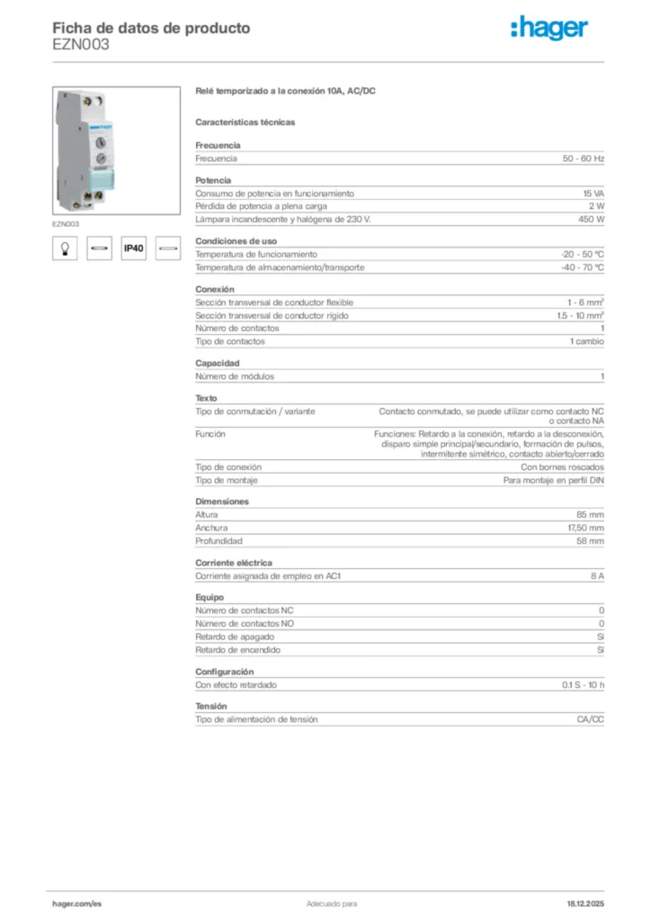 Imagen Hager Ficha de datos de producto EZN003 | Hager España