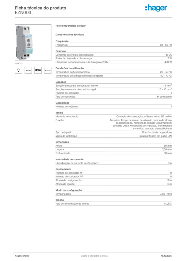 Imagem Hager Ficha técnica do produto EZN003 | Hager Portugal