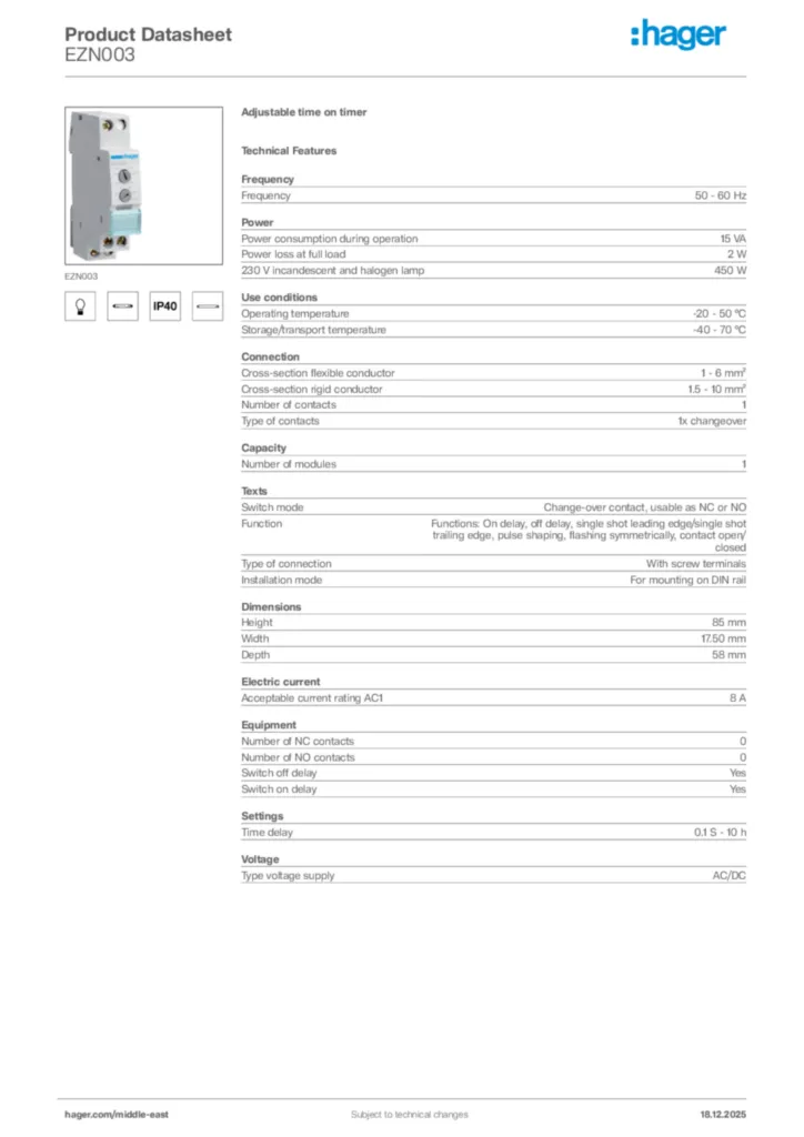 Image Hager Product data sheet EZN003  | Hager