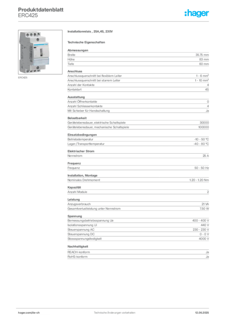 Bild Hager Produktdatenblatt ERC425 | Hager Schweiz