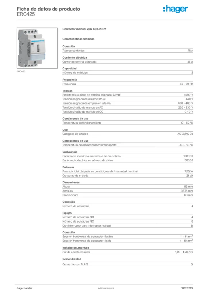 Imagen Hager Ficha de datos de producto ERC425 | Hager España