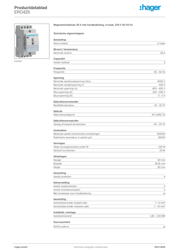 Afbeelding Hager Productdatablad ERC425 | Hager Nederland