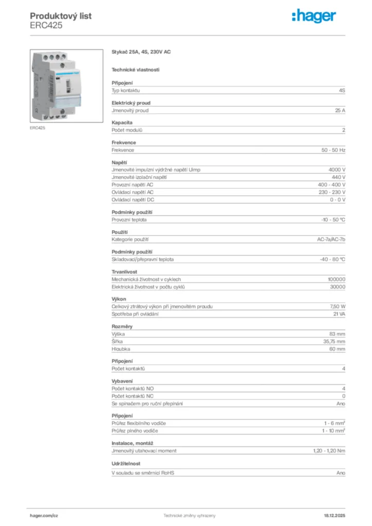 Obrázek Hager Produktový list ERC425 | Hager
