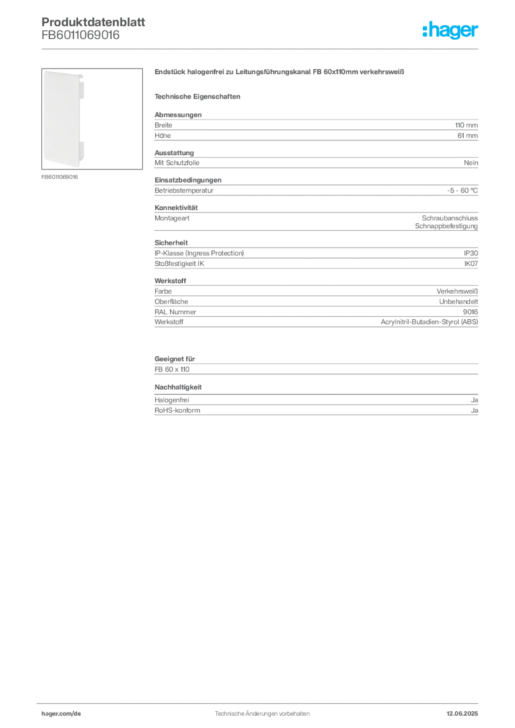 Bild Hager Produktdatenblatt FB6011069016 | Hager Deutschland