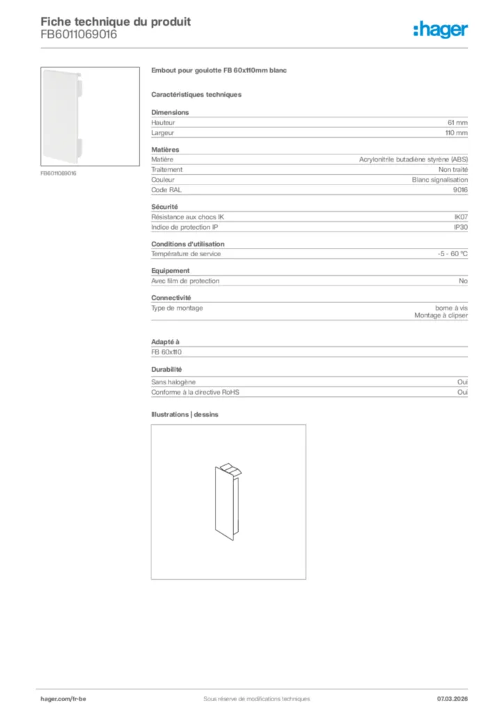 Image Hager Fiche technique du produit FB6011069016 | Hager Belgique