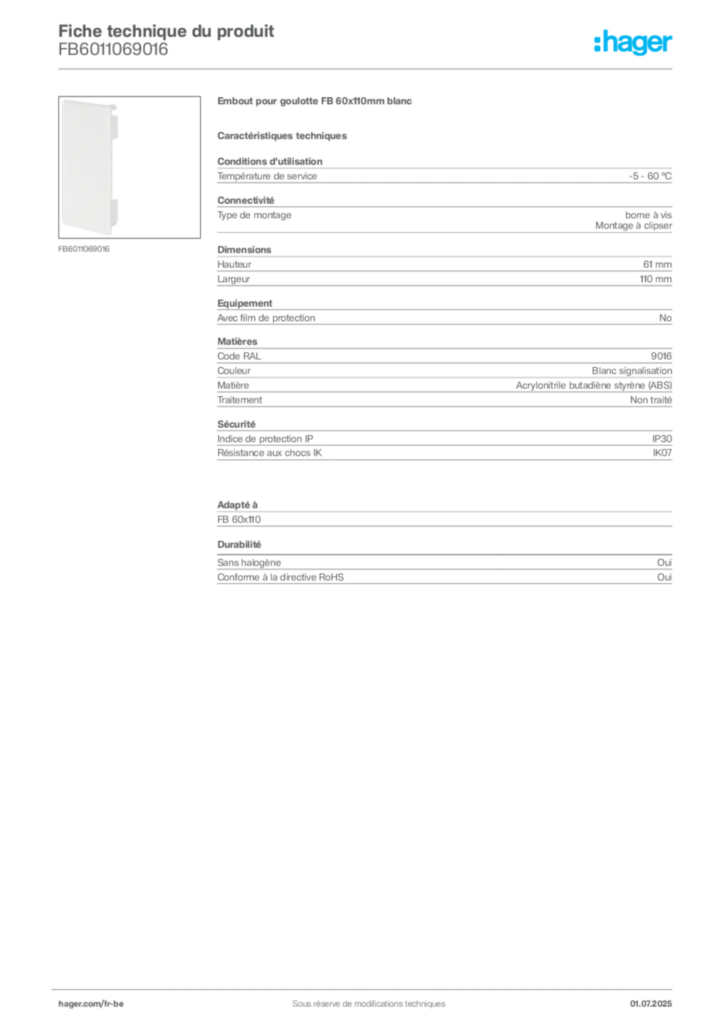 Image Hager Fiche technique du produit FB6011069016 | Hager Belgique