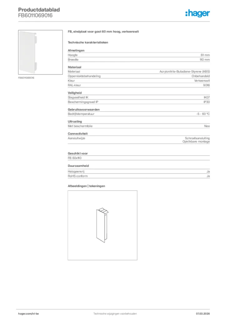 Afbeelding Hager Productdatablad FB6011069016 | Hager Belgium