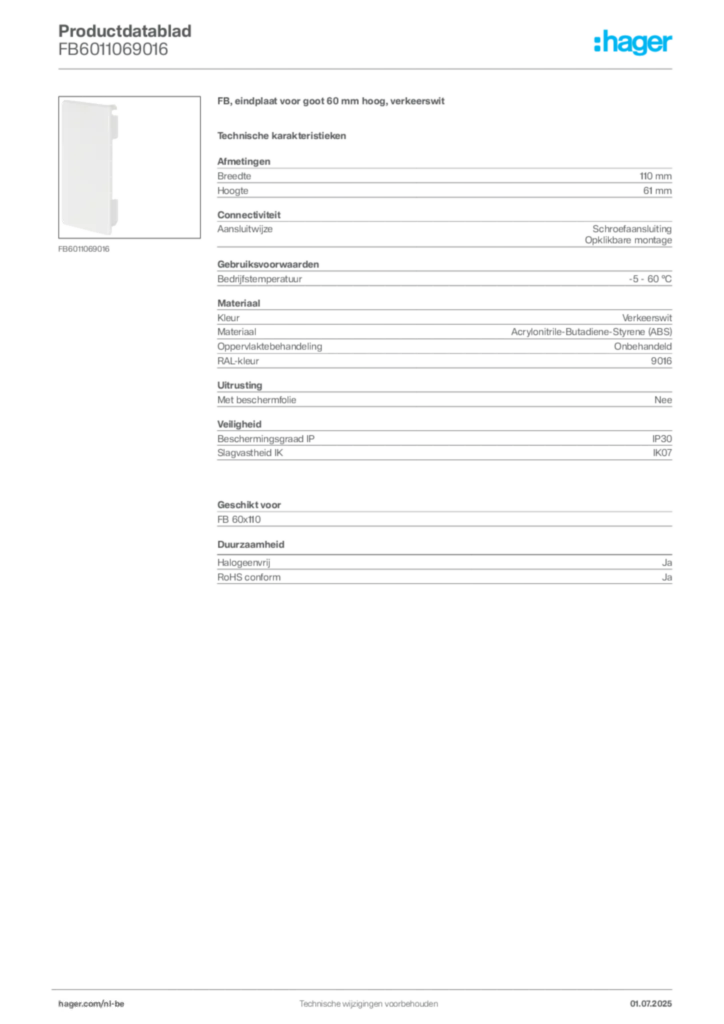 Afbeelding Hager Productdatablad FB6011069016 | Hager Belgium