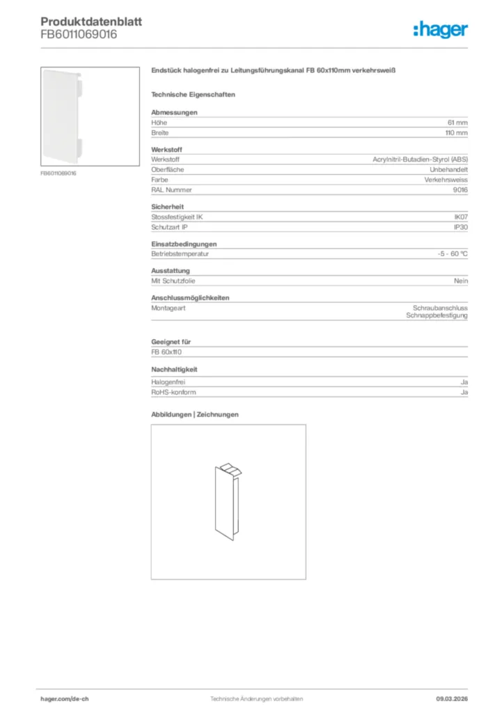 Bild Hager Produktdatenblatt FB6011069016 | Hager Schweiz