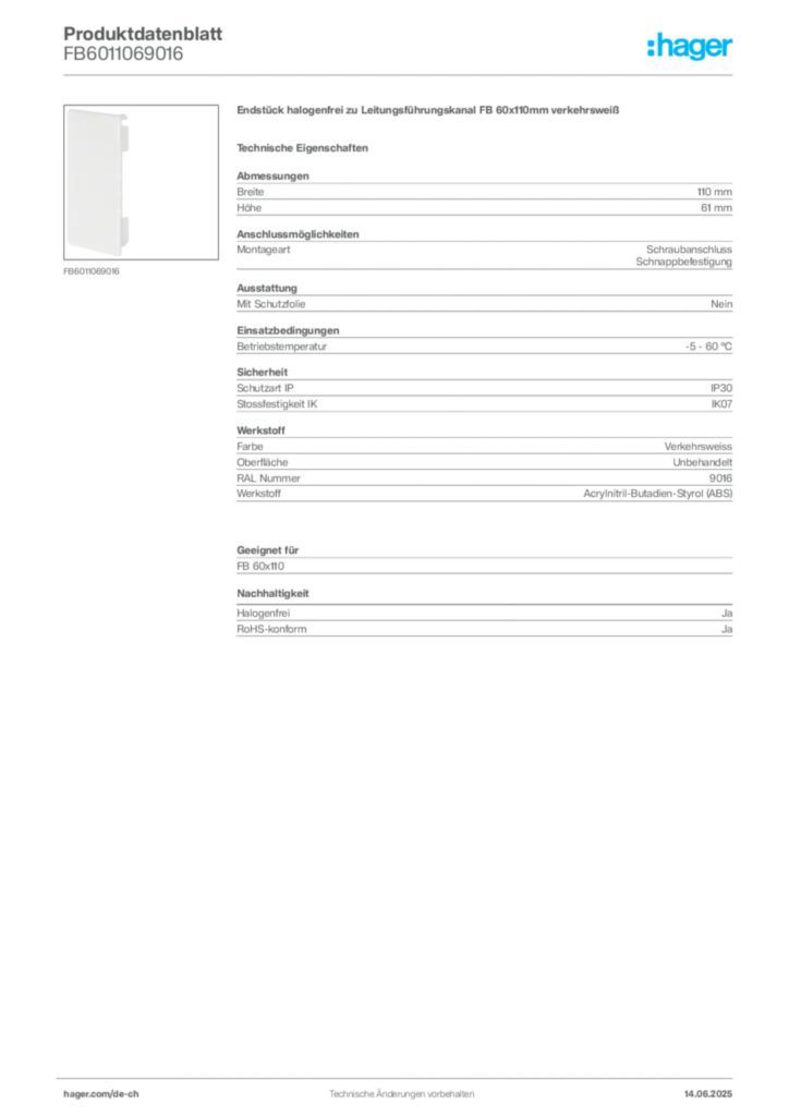 Bild Hager Produktdatenblatt FB6011069016 | Hager Schweiz