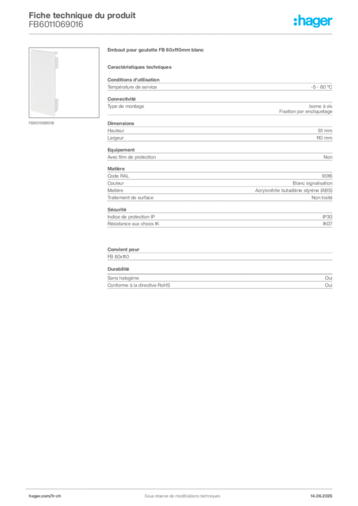 Image Hager Fiche technique du produit FB6011069016 | Hager Suisse