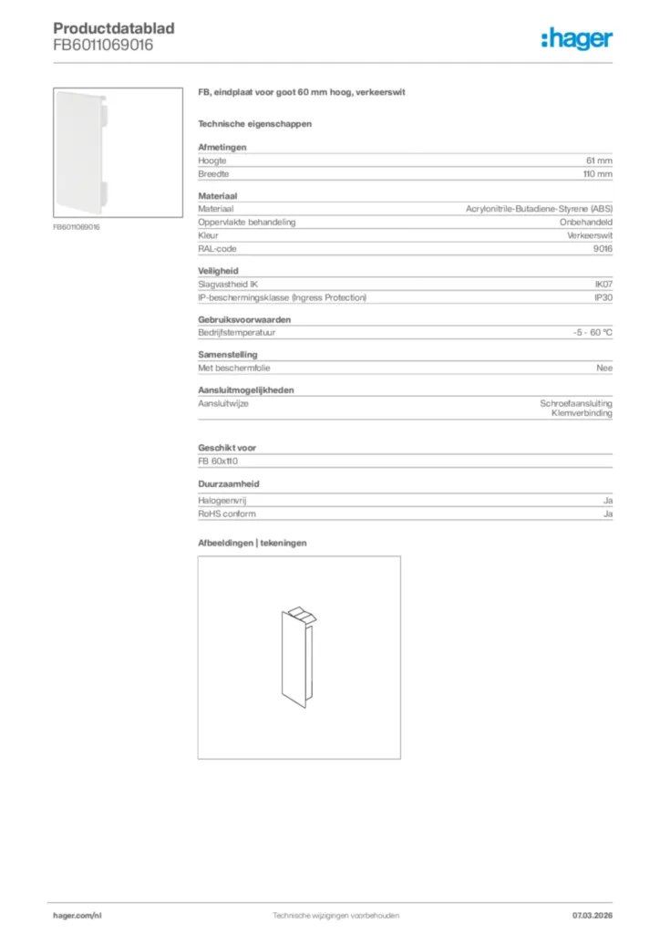 Afbeelding Hager Productdatablad FB6011069016 | Hager Nederland