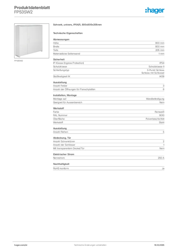 Bild Hager Produktdatenblatt FP53SW2 | Hager Deutschland