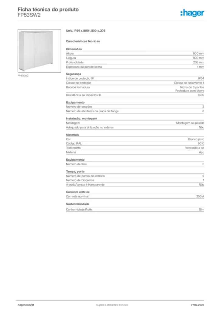 Imagem Hager Ficha técnica do produto FP53SW2 | Hager Portugal