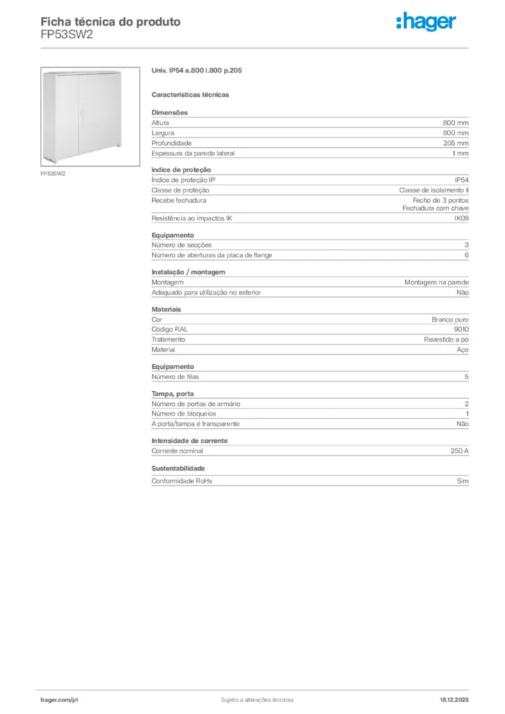 Imagem Hager Ficha técnica do produto FP53SW2 | Hager Portugal