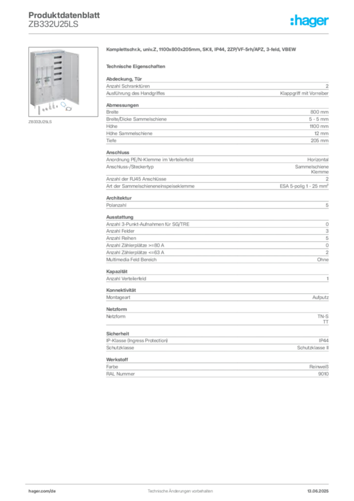 Bild Hager Produktdatenblatt ZB332U25LS | Hager Deutschland