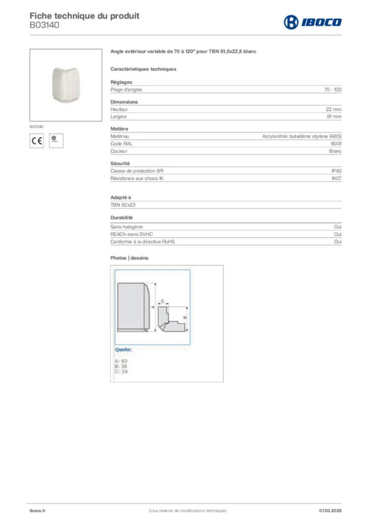Image Iboco Fiche technique du produit B03140 | Hager France