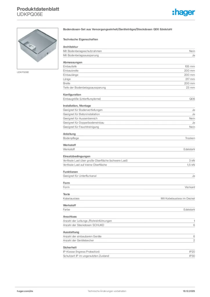 Bild Hager Produktdatenblatt UDKPQ06E | Hager Deutschland