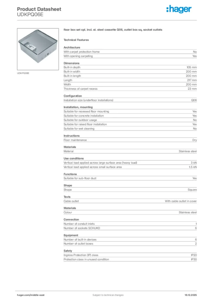 Image Hager Product data sheet UDKPQ06E  | Hager