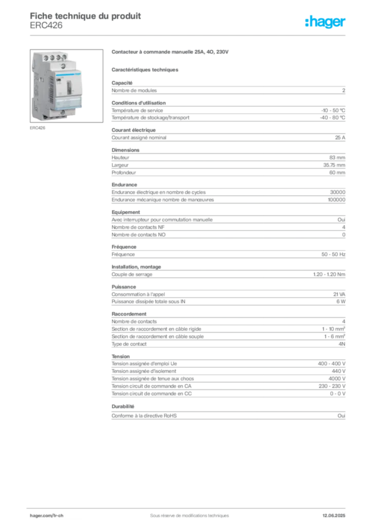 Image Hager Fiche technique du produit ERC426 | Hager Suisse