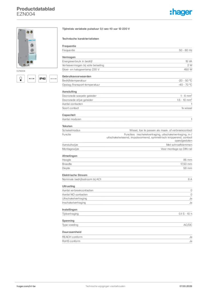 Afbeelding Hager Productdatablad EZN004 | Hager Belgium