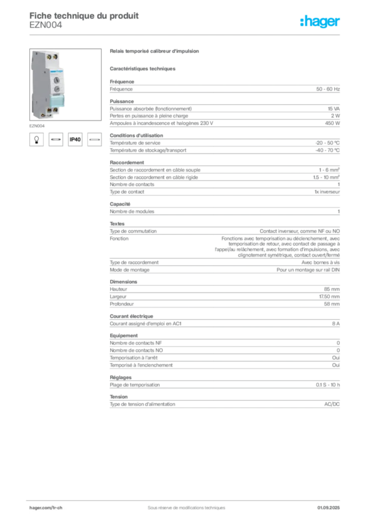 Image Hager Fiche technique du produit EZN004 | Hager Suisse