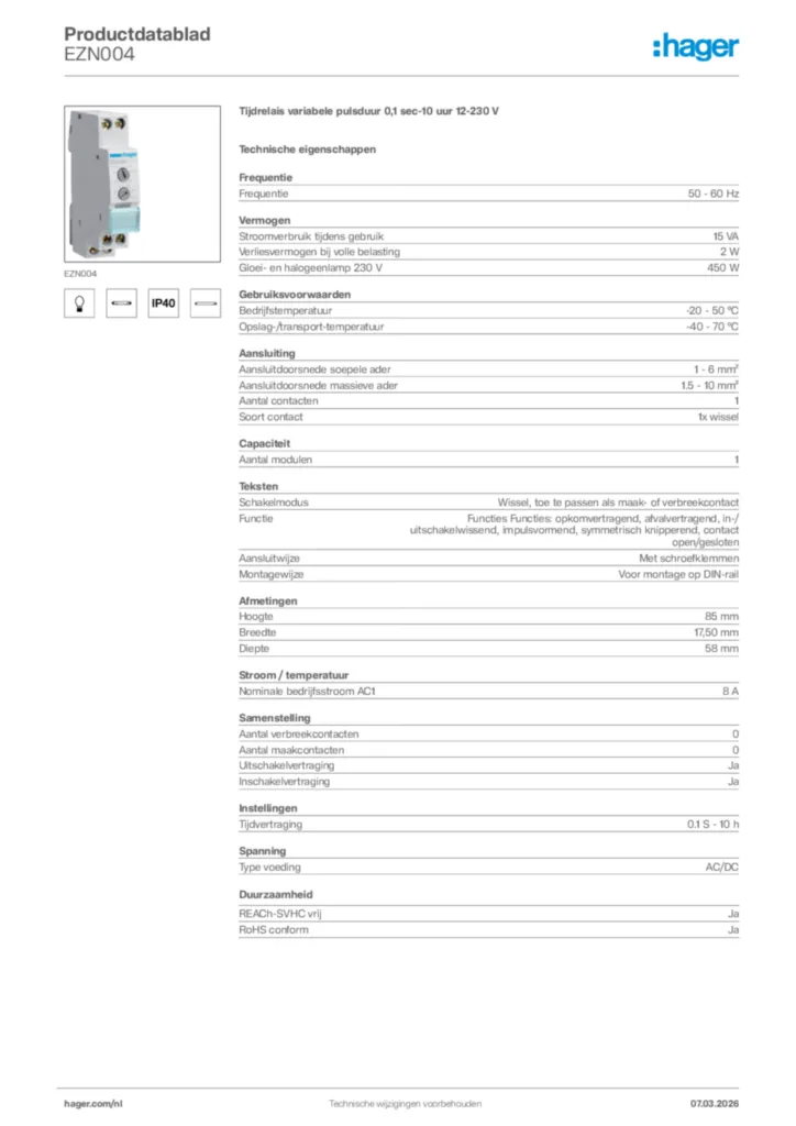 Afbeelding Hager Productdatablad EZN004 | Hager Nederland