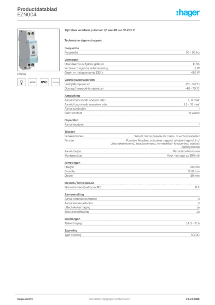 Afbeelding Hager Productdatablad EZN004 | Hager Nederland