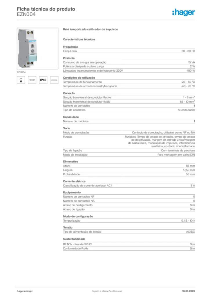 Imagem Hager Ficha técnica do produto EZN004 | Hager Portugal