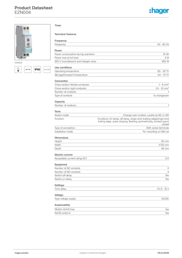 Image Hager Product data sheet EZN004  | Hager Australia