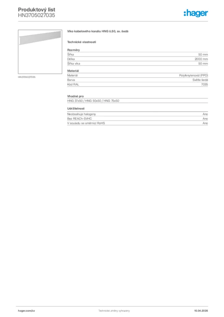 Obrázek Hager Product data sheet HN3705027035 | Hager