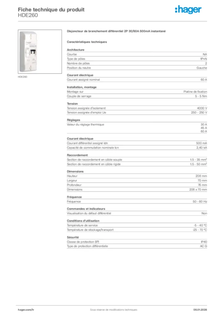 Image Hager Fiche technique du produit HDE260 | Hager France