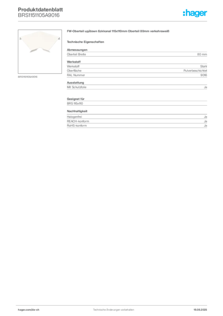Bild Hager Produktdatenblatt BRS1151105A9016 | Hager Schweiz