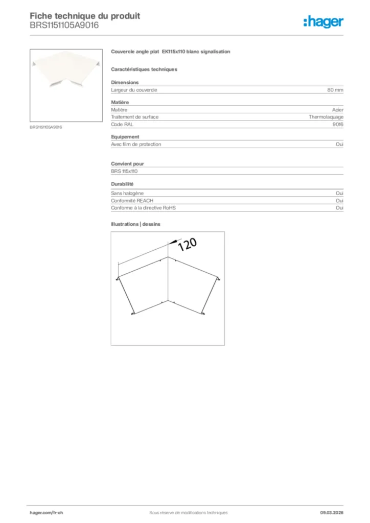 Image Hager Fiche technique du produit BRS1151105A9016 | Hager Suisse