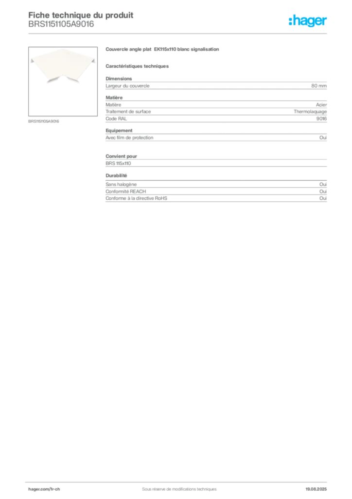 Image Hager Fiche technique du produit BRS1151105A9016 | Hager Suisse