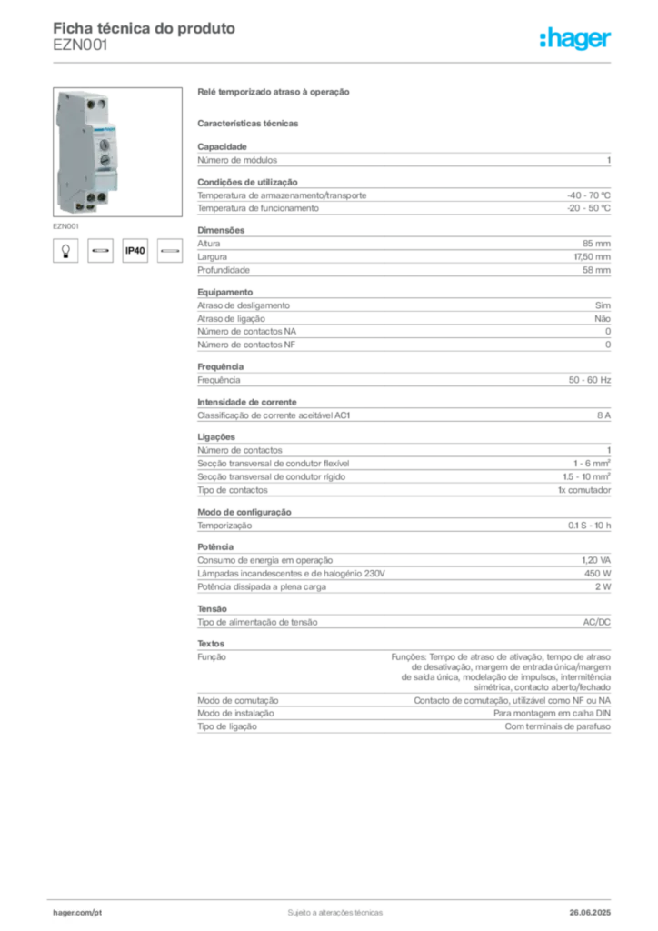 Imagem Hager Ficha técnica do produto EZN001 | Hager Portugal