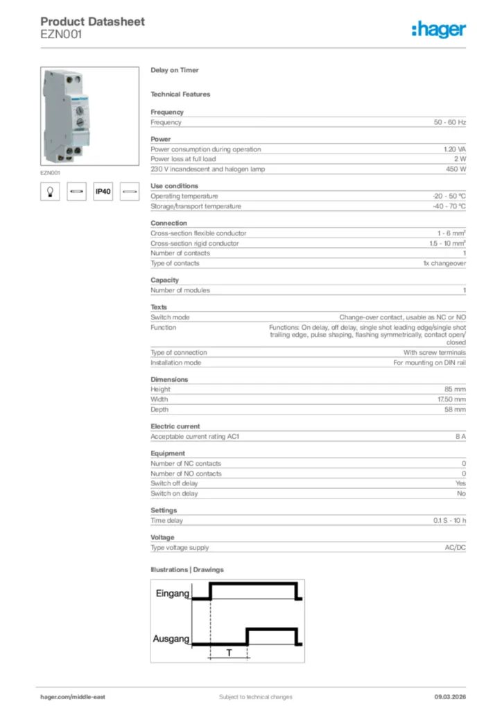 Image Hager Product data sheet EZN001  | Hager