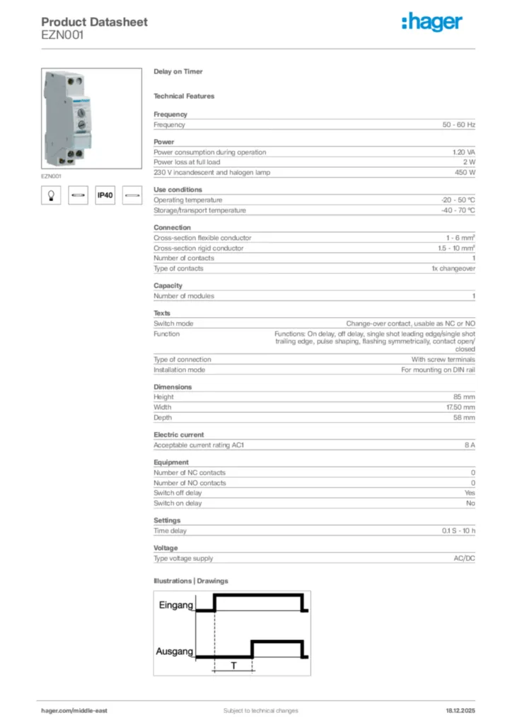 Image Hager Product data sheet EZN001  | Hager