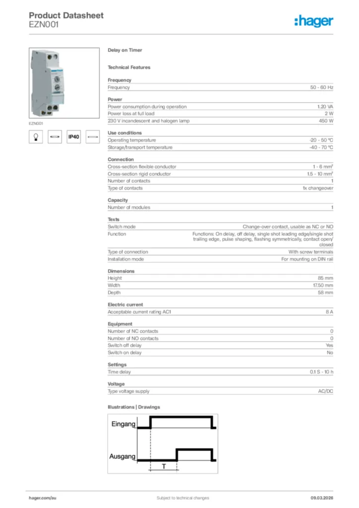 Image Hager Product data sheet EZN001  | Hager Australia