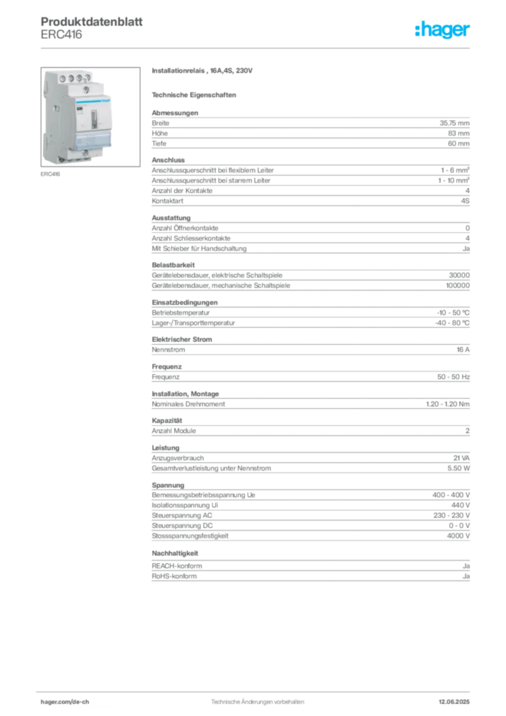 Bild Hager Produktdatenblatt ERC416 | Hager Schweiz