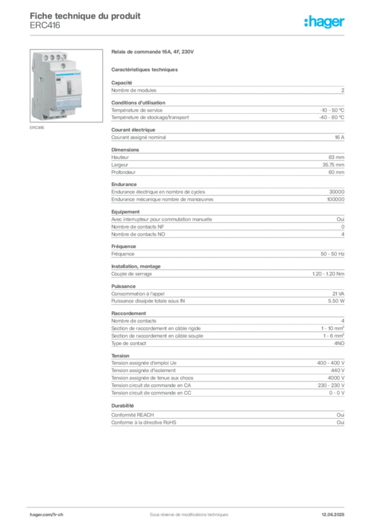 Image Hager Fiche technique du produit ERC416 | Hager Suisse