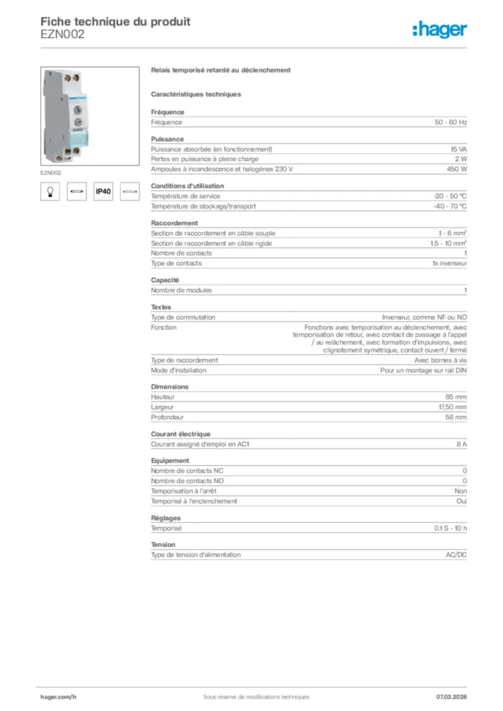 Image Hager Fiche technique du produit EZN002 | Hager France