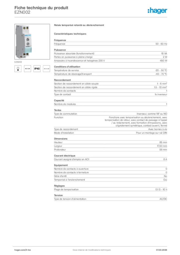 Image Hager Fiche technique du produit EZN002 | Hager Belgique