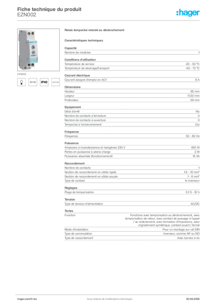 Image Hager Fiche technique du produit EZN002 | Hager Belgique