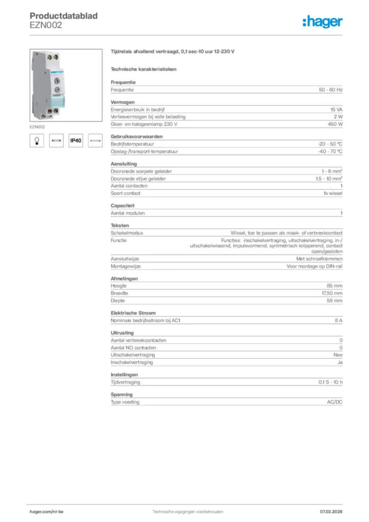 Afbeelding Hager Productdatablad EZN002 | Hager Belgium