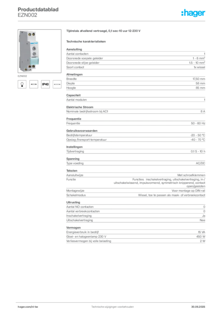 Afbeelding Hager Productdatablad EZN002 | Hager Belgium