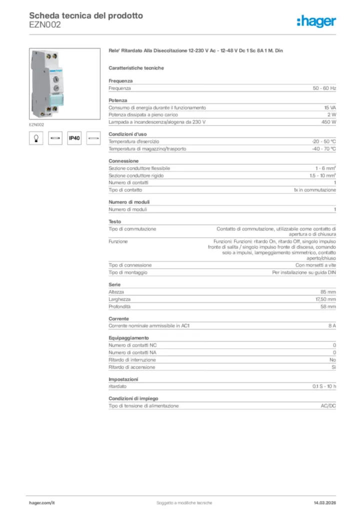 Immagine Hager Scheda tecnica del prodotto EZN002 | Hager Italia
